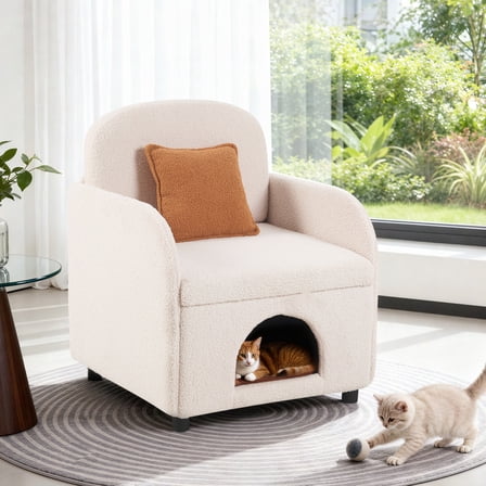 JXXRZ 2-in-1 Pet Friendly Sherpa Armchair with Lumbar Pillow and Cat House, Cream White
