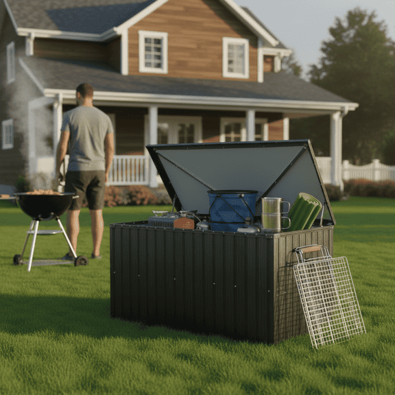 JXXRZ 215 Gallon Metal Outdoor Deck Box, Lockable Outdoor Storage Box for Patio, Pool Supplies, Waterproof