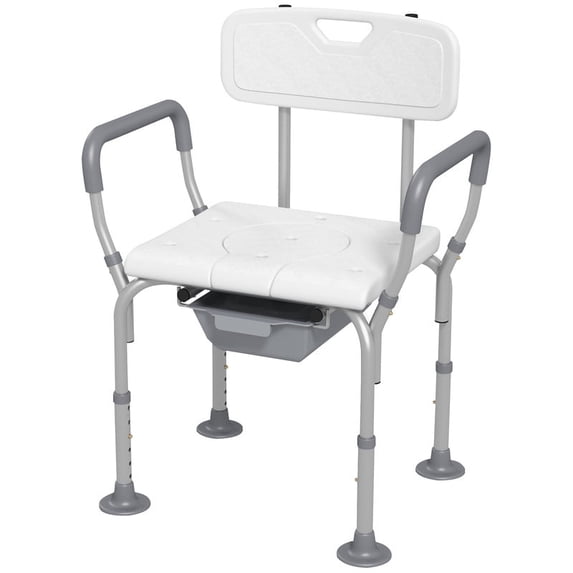 JXXRZ 3-in-1 Adjustable Shower Chair Commode w/Backrest, Non-Slip Base & Wide Seat for Seniors/Disabled