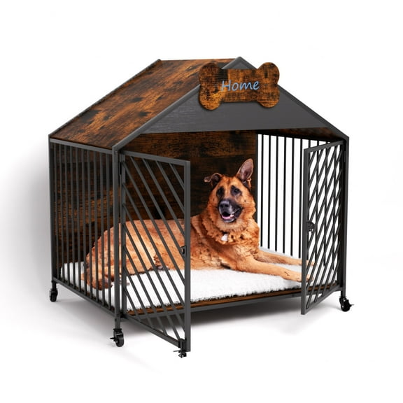 JXXRZ 39.4" Heavy Duty Dog Crate Furniture- Chew-Proof Double Door Indoor Kennel with Roof, Rustic Brown for Large Breeds