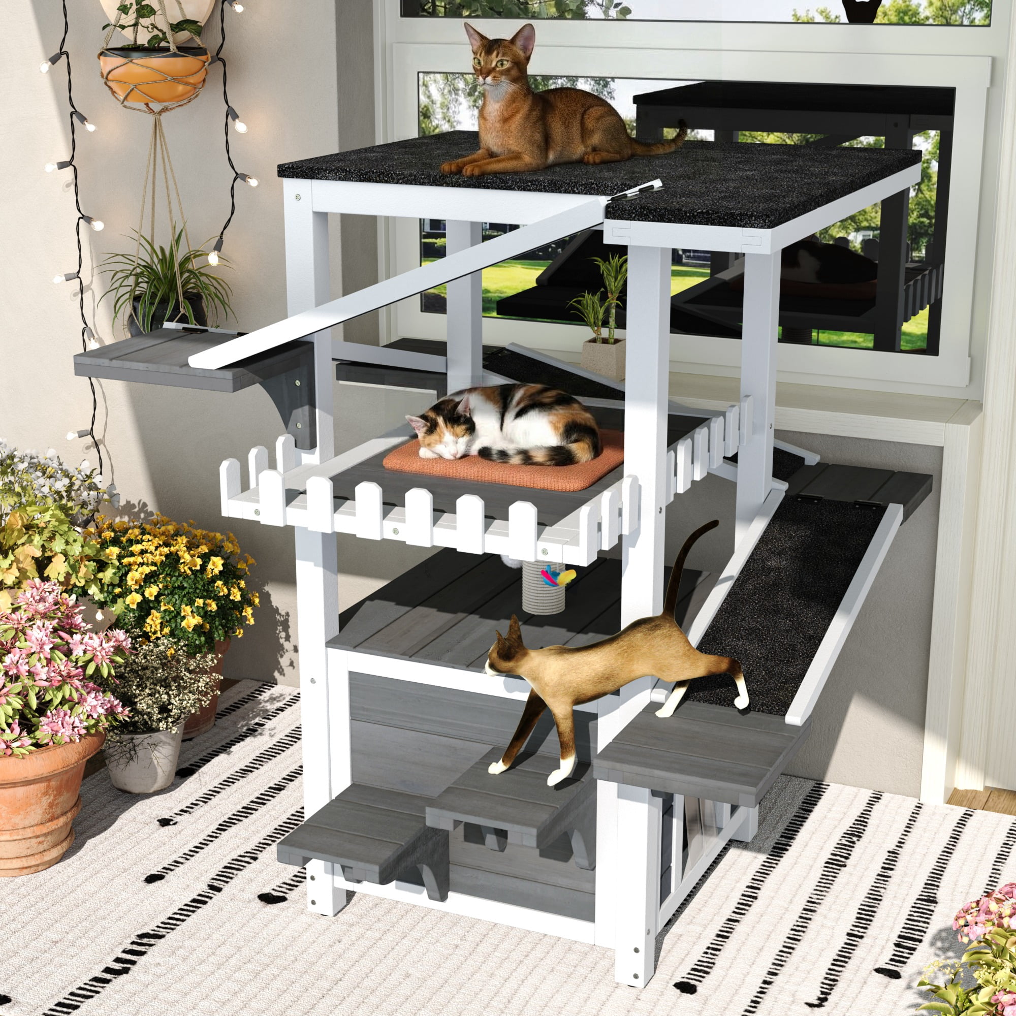 JXXRZ 4-Tier Outdoor Cat House Weatherproof Shelter, Holds 2–3 Cats, Solid Wood Tower with Balcony & 2 Doors, Gray and White