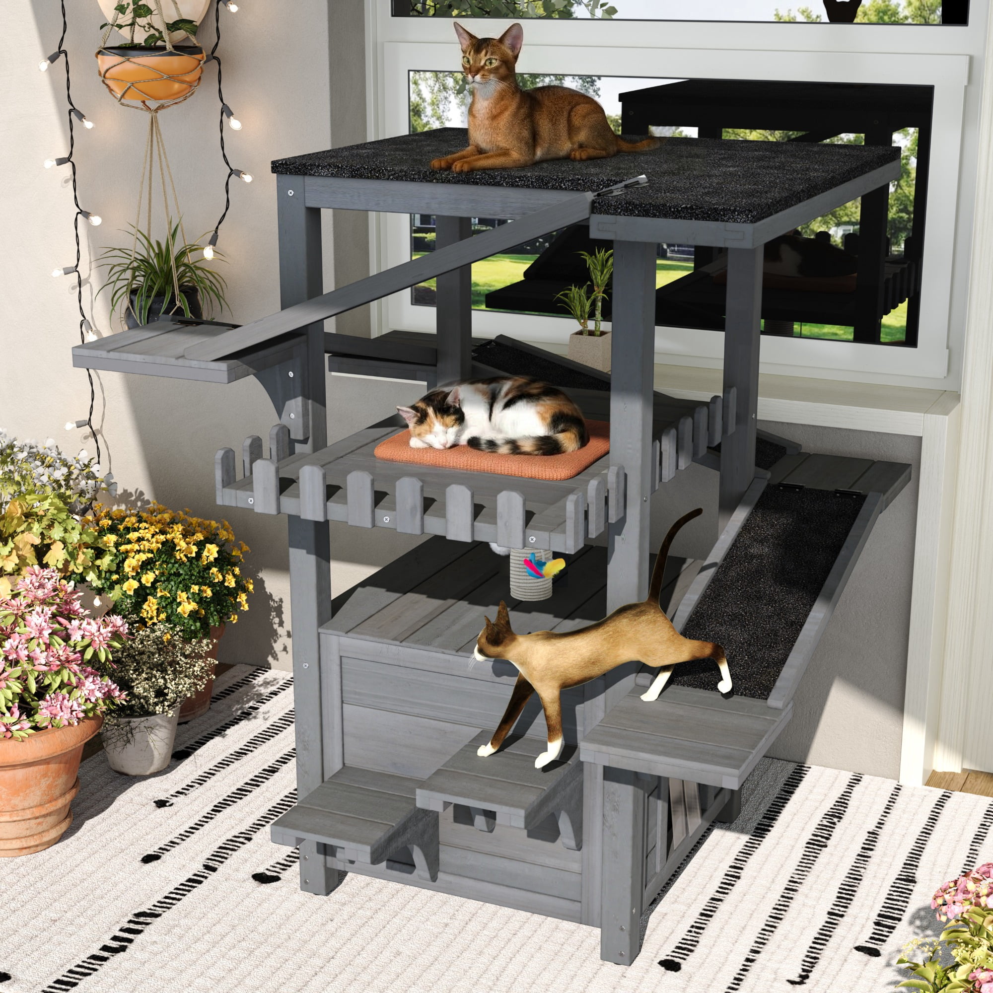 JXXRZ 4-Tier Outdoor Cat House Weatherproof Shelter, Holds 2–3 Cats, Solid Wood Tower with Balcony & 2 Doors, Gray
