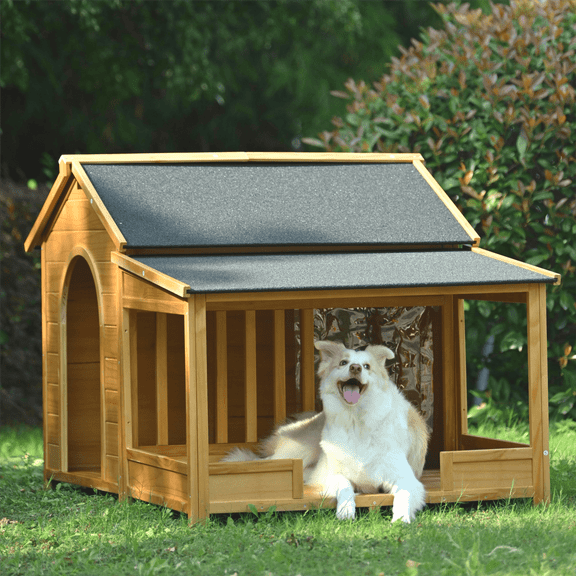 JXXRZ 60.2" Large Dog House Outdoor/Indoor, All-Weather Fir Wood Cabin Kennel w/ Porch, 2 Doors & Side Window, Asphalt Roof,Natural