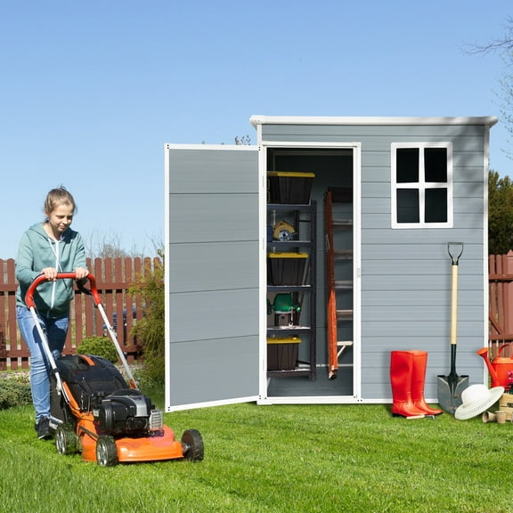 JXXRZ 5x3FT Waterproof Resin Storage Shed, Outdoor Storage Shed with Floor and Lockable Door for Backyard, Lawn, Grey