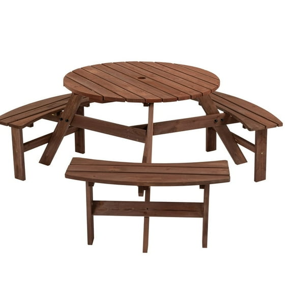 JXXRZ 6-Person Circular Outdoor Wooden Picnic Table w/ 3 Built-In Benches, 500lbs Capacity Per Bench- Walnut Brown