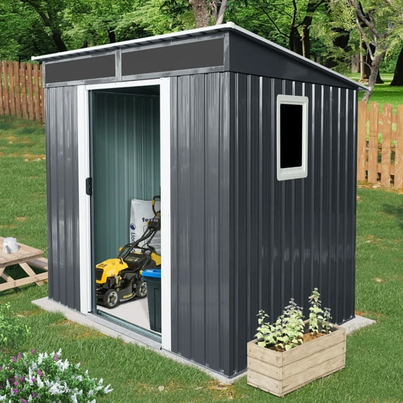 JXXRZ 6x5 ft Outdoor Metal Storage Shed, with Window and Transparent plate, Sloped Top, Black/White