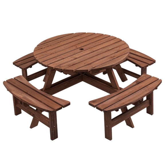 JXXRZ 8-Person Circular Outdoor Wooden Picnic Table w/ 4 Built-In Benches, 500lbs Capacity Per Bench - Brown