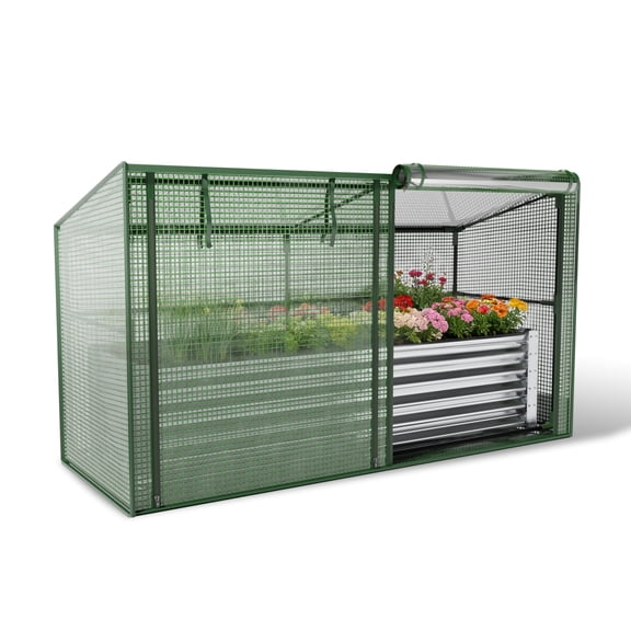 JXXRZ 80" Galvanized Raised Garden Bed with Greenhouse Cover, 17" Tall Outdoor Planter, Green Cover