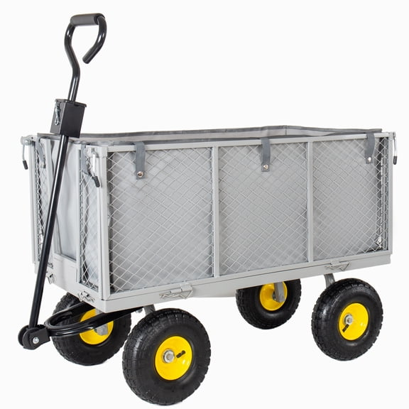 JXXRZ 880lb 4-in-1 Steel Dump Garden Cart with Removable Sides, All-Terrain Utility Wagon for Lawn, Gray