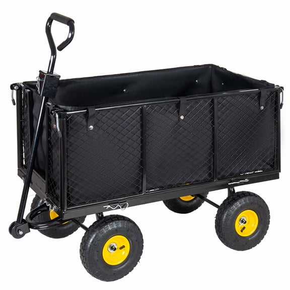 JXXRZ 880lb 4-in-1 Steel Dump Garden Cart with Removable Sides, All-Terrain Utility Wagon for Lawn, Black