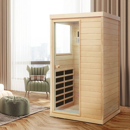 JXXRZ 1 Person Sauna, Canadian Hemlock Far Infrared Sauna Dry Sauna for Home Indoor, Mini Sauna with 6 Carbon Heaters, Bluetooth, 180° Left-Hinged Tempered Glass Door