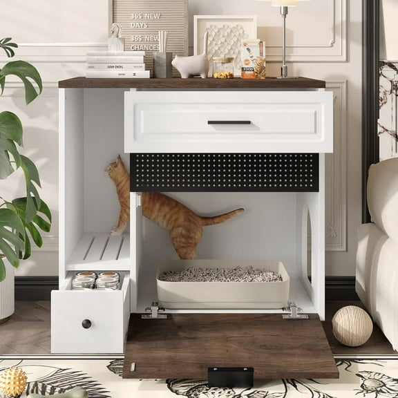 JXXRZ Cat Litter Box Enclosure, Hidden Cat Litter Box Furniture with 2 Drawers & Door, Living Room End Table, White & Brown
