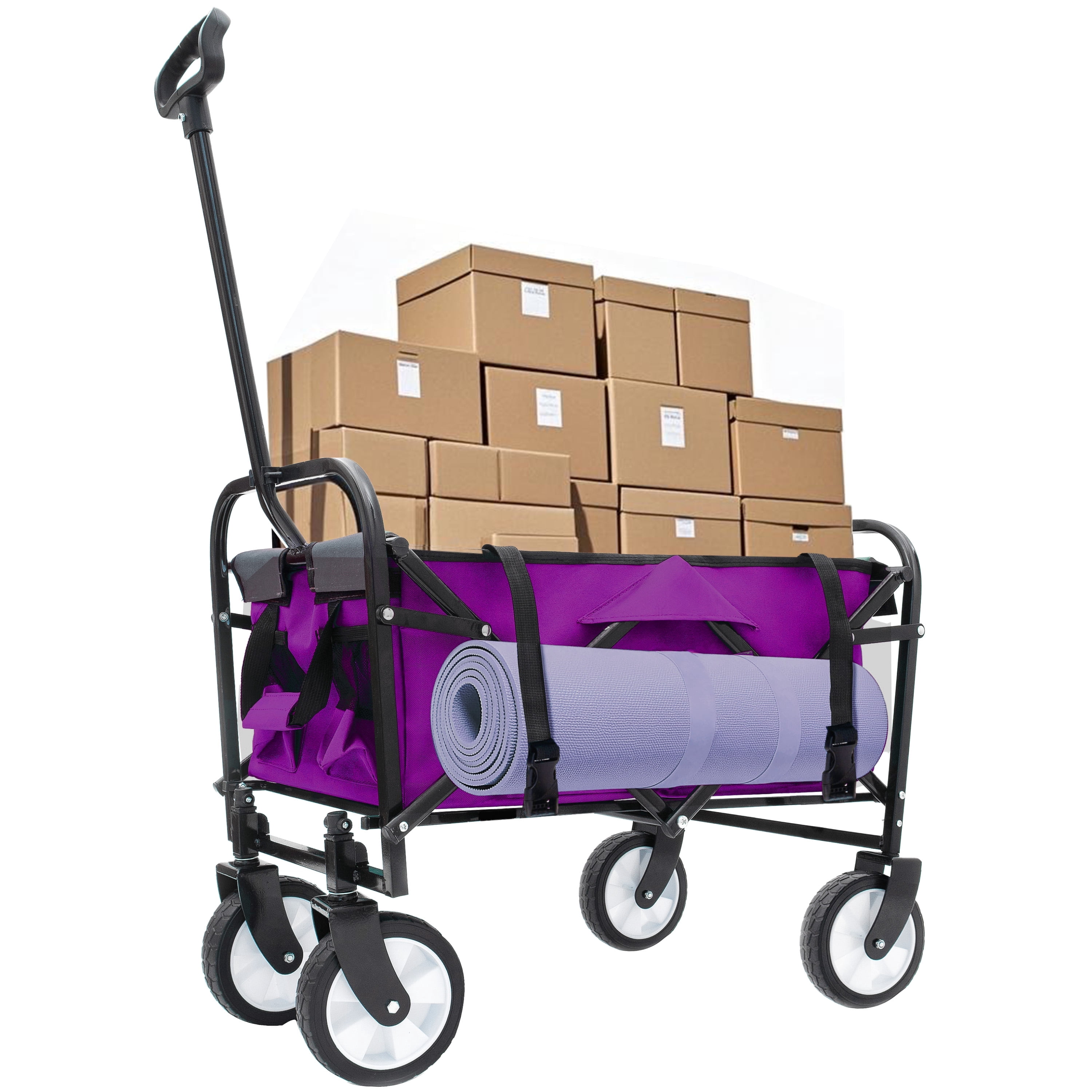 JXXRZ Collapsible Folding Wagon Cart with Strap System, Heavy Duty 225lb Beach Grocery Utility Cart, All-Terrain Wheels, Purple