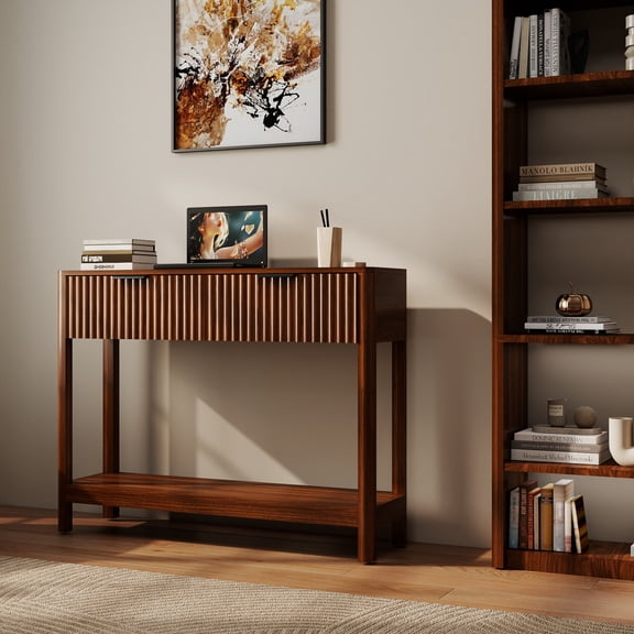 JXXRZ Mid-Century Modern Fluted Console Table with 2 Drawers, Narrow Entryway Sofa Table, Walnut