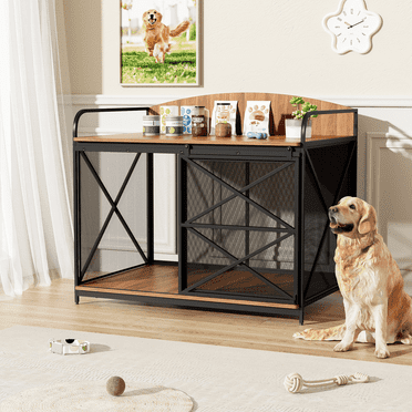 JXXRZ Farmhouse Dog Crate Furniture - Wooden Kennel Coffee Table w/Lock, 42.8" Indoor Pet House for 80lb Large Dogs，Brown