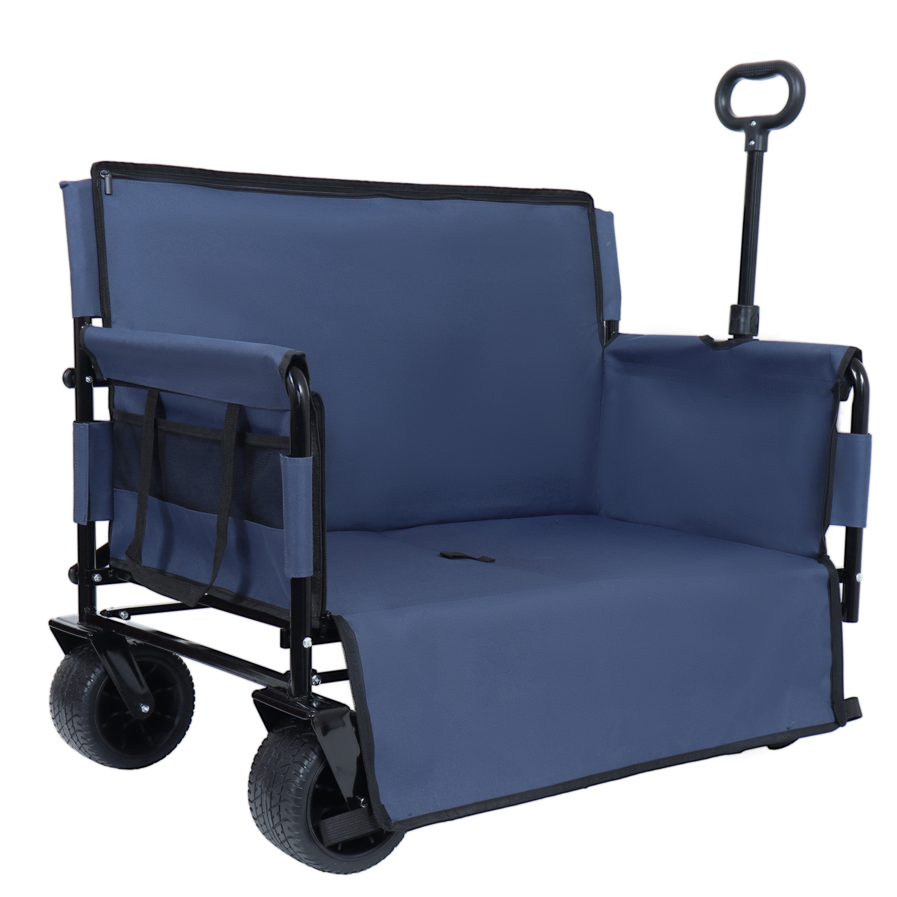 JXXRZ Folding Wagon with Seat, 500lb Heavy Duty Collapsible Utility Cart, All-Terrain Wheels, Large Capacity, Dark Blue
