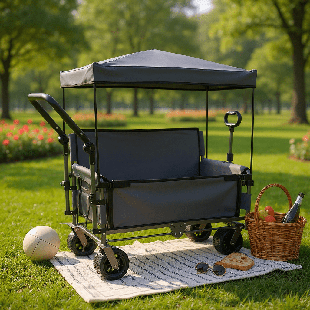 JXXRZ Folding Wagon with Seat & Canopy, 500lbs Heavy Duty All-Terrain Beach Cart, Gray