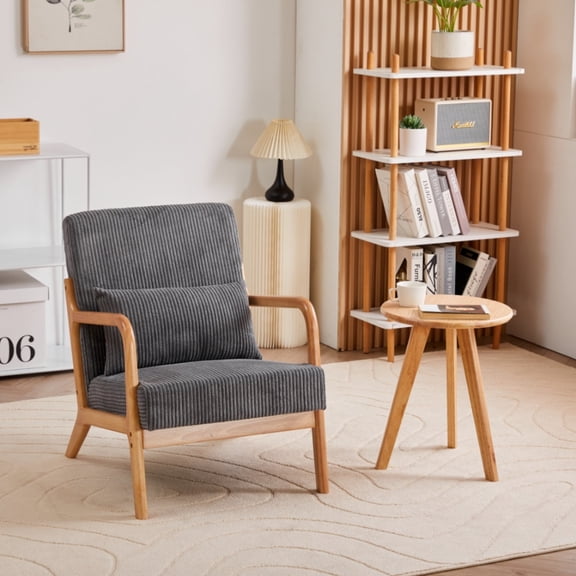 JXXRZ Modern Arm Chair and Coffee Table Set, Solid Wood Frame with Pillow, Comfort Reading Chair, Dark Grey&Narutal