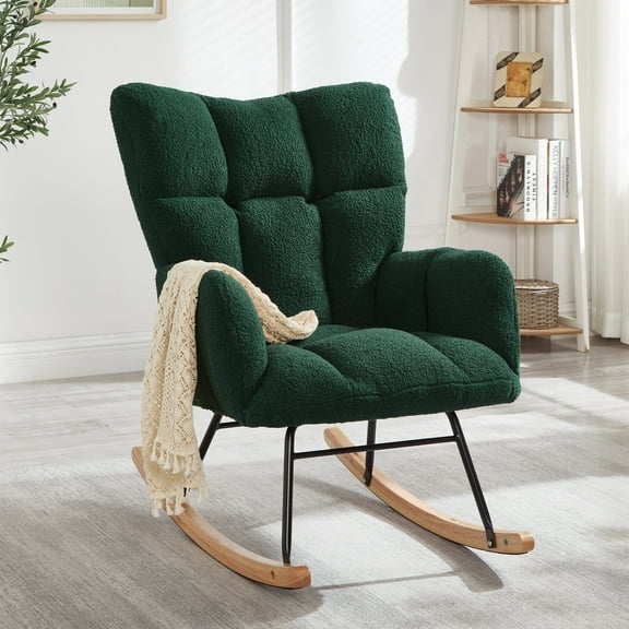 JXXRZ Nursery Rocking Chair, Oversized Teddy Plush Rocker with Modern Upholstered High Back and Solid Wood Legs, Green