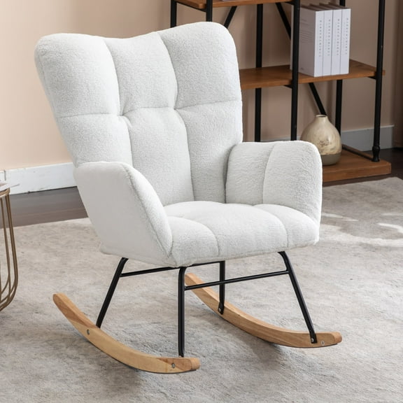 JXXRZ Nursery Rocking Chair, Oversized Teddy Plush Rocker with Modern Upholstered High Back and Solid Wood Legs, White