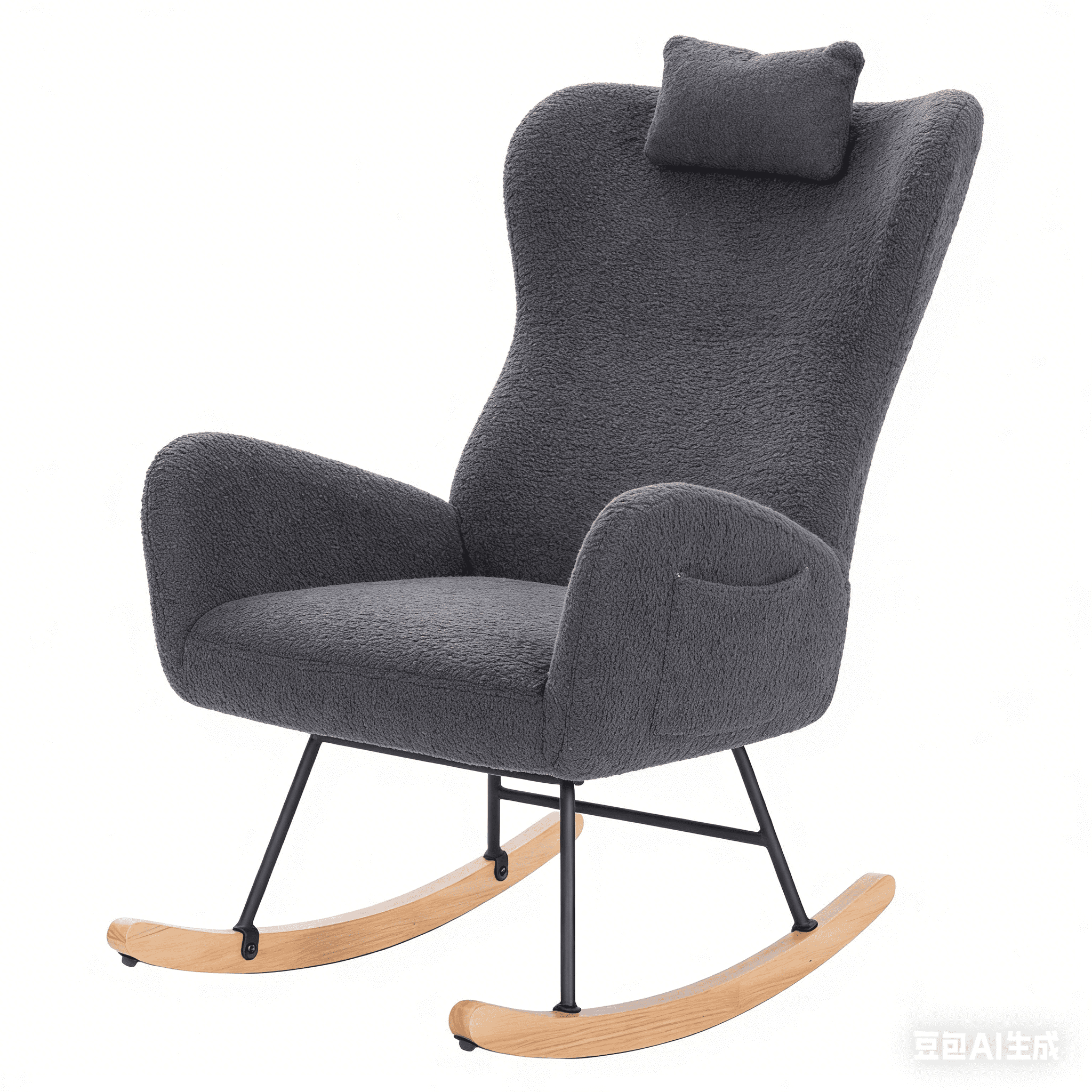 JXXRZ Nursery Rocking Chair with Headrest, Oversized Teddy Plush & Modern Upholstered High Back, Dark Grey