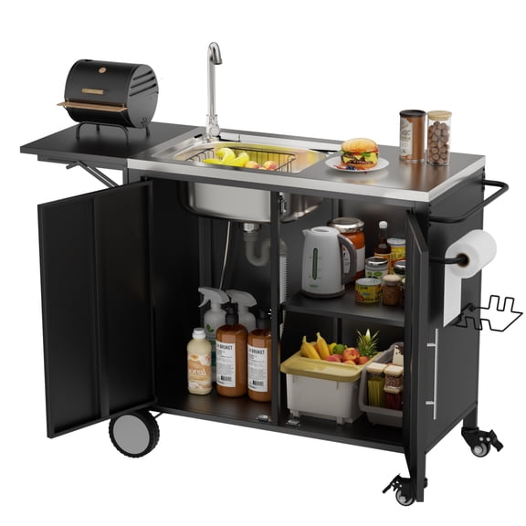JXXRZ Outdoor Grill Cart with Sink, Stainless Steel BBQ Prep Table, Foldable Side Shelf & Storage Cabinet