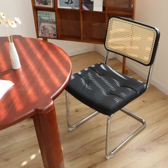 JXXRZ Rattan Dining Chairs Set of 2, Mid Century Modern Kitchen Side Chairs for Dining Living Room, Faux Leather Upholstered Dining Chairs, Black