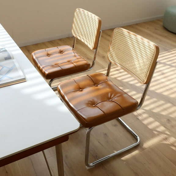 JXXRZ Rattan Dining Chairs Set of 2, Mid Century Modern Kitchen Side Chairs for Dining Living Room, Faux Leather Upholstered Dining Chairs, Brown