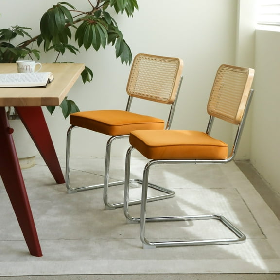 JXXRZ Rattan Dining Chairs Set of 2, Mid Century Modern Kitchen Side Chairs for Dining Living Room, Velvet Upholstered Dining Chairs, Orange