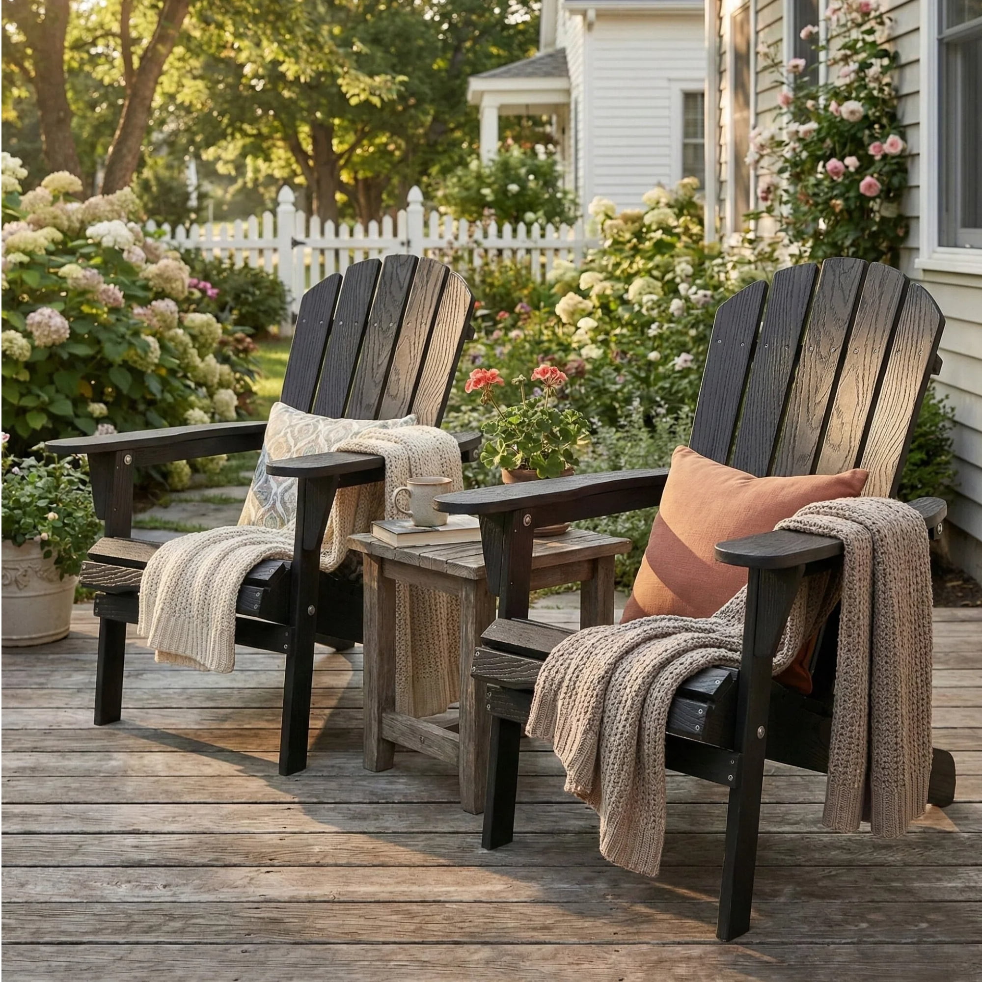 JXXRZ Wooden Folding Adirondack Chairs – Solid Cedar Outdoor Patio Garden Lounge,Black(Set of 2)