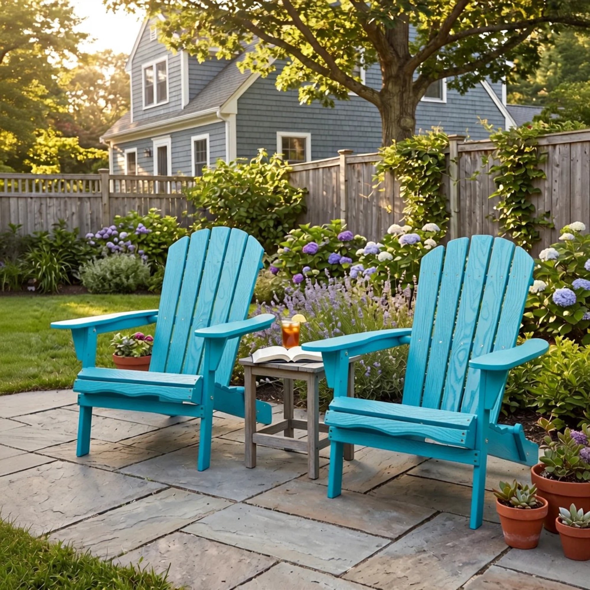 JXXRZ Wooden Folding Adirondack Chairs – Solid Cedar Outdoor Patio Garden Lounge, Light Blue (Set of 2)