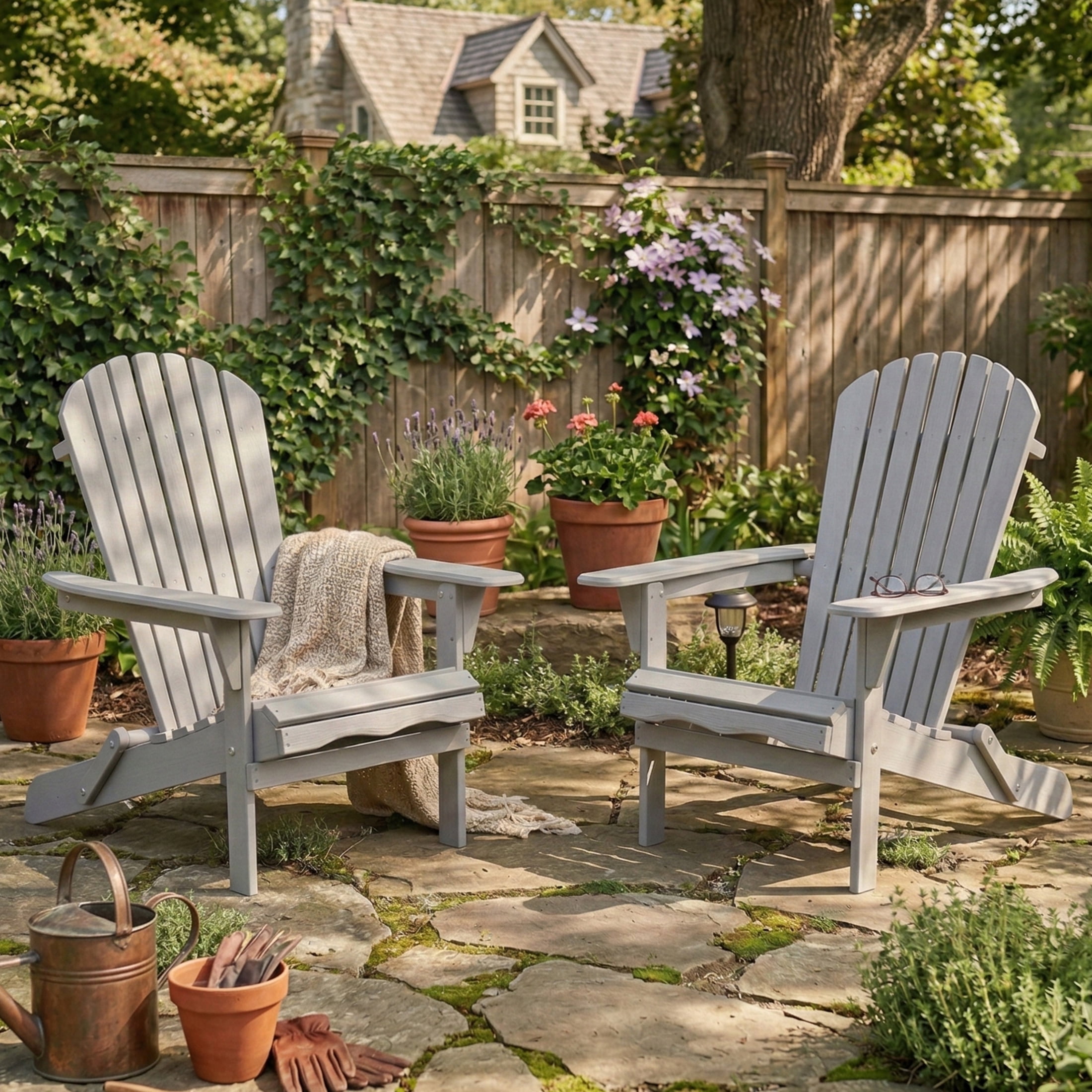 JXXRZ Wooden Folding Adirondack Chairs – Solid Cedar Outdoor Patio Garden Lounge,Grey (Set of 2)