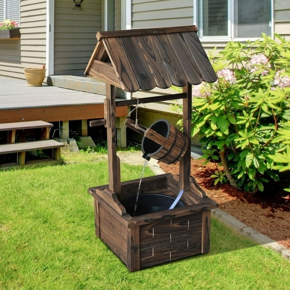 JXXRZ Wooden Wishing Well Fountain w/Adjustable Pump, Rustic Waterfall Bucket for Garden Patio Lawn, Carbonized Fir Wood