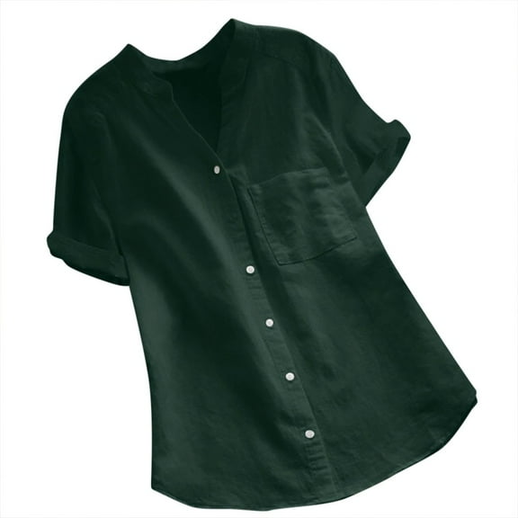 JXYMS Womens Shirts Short Sleeve Shirt Women Cotton Linen Casual Short Sleeve Shirt Blouse Button Down Tops Green 12-14