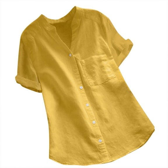 JXYMS Womens Shirts Short Sleeve Shirt Women Cotton Linen Casual Short Sleeve Shirt Blouse Button Down Tops Yellow 24-26