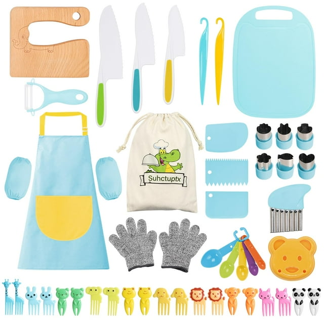 JXYUEWL 50PCS Toddler Knife Set, Wooden Kid Knife Cutting Board Apron