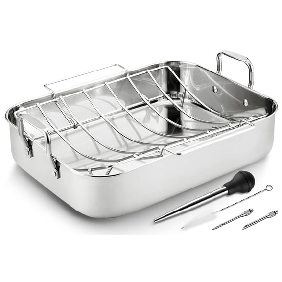 JY COOKMENT Roasting Pan with Baking Rack, 16.5 Inch Stainless Steel Turkey Roaster with Rack, Baster. Great for Turkey, Chicken, Ham, Vegetables