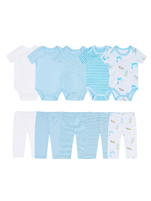 Infant Unisex Baby Bodysuit and Pant Sets Layette 10-pcs Cotton Soft Newborn Boy Girl Clothes Outfits, 0-3 Months