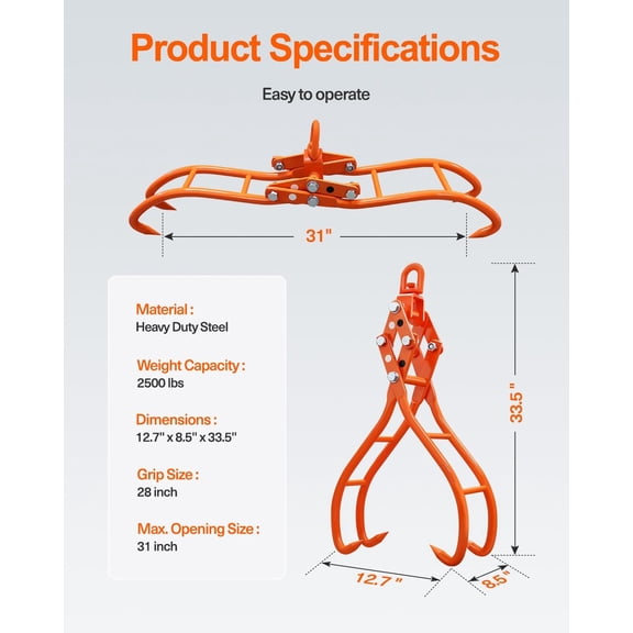 JY PERFORMANCE Timber Claw Hook, 28 inch 4 Claw Log Grapple Logging Tongs with 31" Max Opening, 2500LB Capacity for Tractors ATV Trucks Forklifts