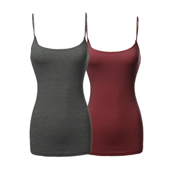 JYB CO 2 Pack Women's & Juniors Basic Solid Adjustable Spaghetti Strap Long Camisole Layer Tank Top Size S – 3XL