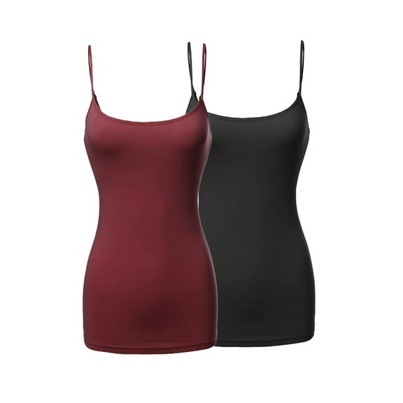 JYB CO 2 Pack Women's & Juniors Basic Solid Adjustable Spaghetti Strap Long Camisole Layer Tank Top Size S – 3XL