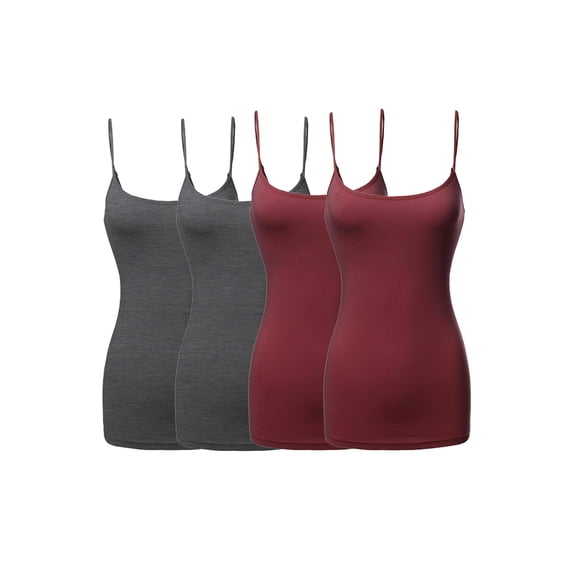 JYB CO 4 Pack Women's & Juniors Basic Solid Adjustable Spaghetti Strap Long Camisole Layer Tank Top Size S – 3XL