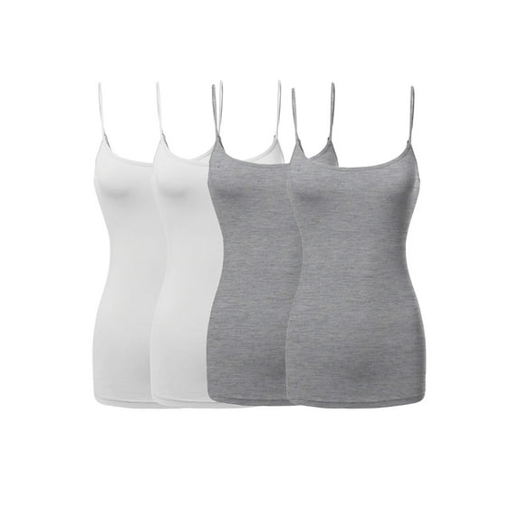 JYB CO 4 Pack Women's & Juniors Basic Solid Adjustable Spaghetti Strap Long Camisole Layer Tank Top Size S – 3XL