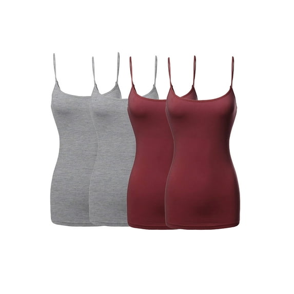 JYB CO 4 Pack Women's & Juniors Basic Solid Adjustable Spaghetti Strap Long Camisole Layer Tank Top Size S – 3XL