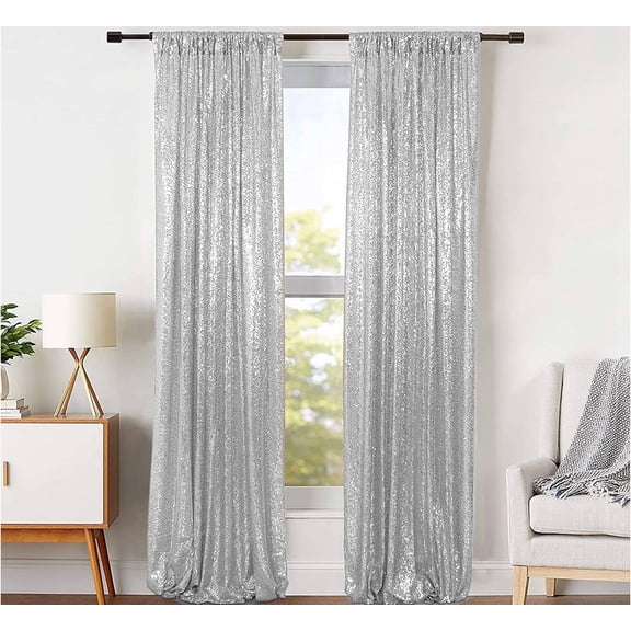 JYFLZQ 2 Sequin Backdrop Curtain, 4ft x 8ft, 2 Panels, Sparkling Silver Photo Booth Background