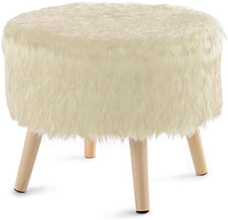 17" Beige Faux Fur Round Ottoman with Wooden Legs