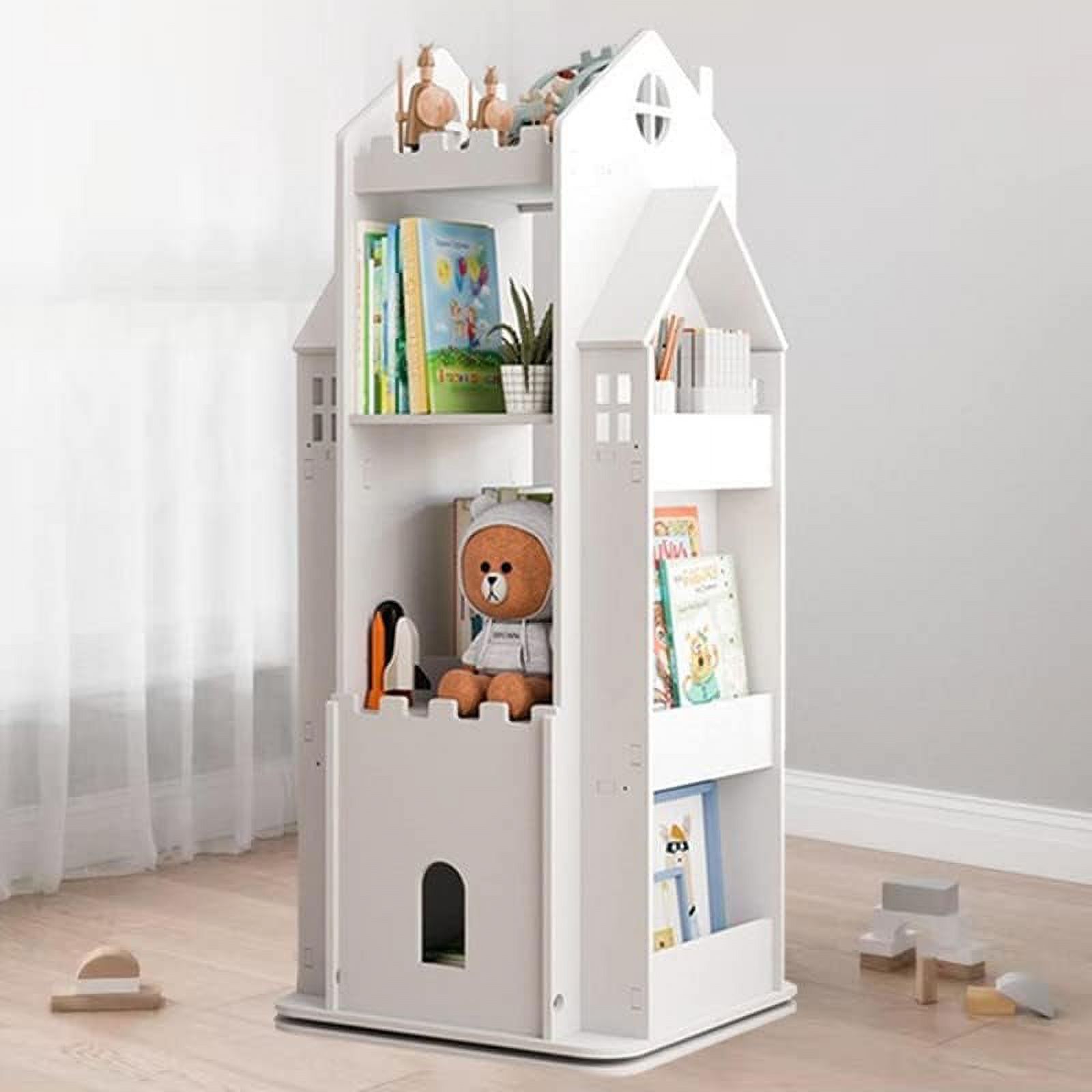 JYHOME ° Rotating Bookshelf with Unique Castle White Bookshelf Toy