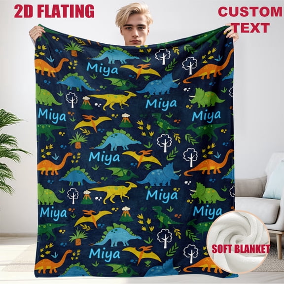 JYK Custom Blanket with Text colorful dinosaur pattern blanket with repeated name print cozy for couch camping travel 30x40inch