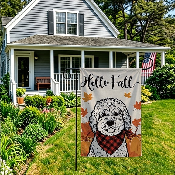 JYK Garden Flag Hello Fall White Doodle Dog with Red Plaid Bandana Maple Leaves for Yard Patio Lawn Outdoor Fall Harvest Decor 12X18 Inch