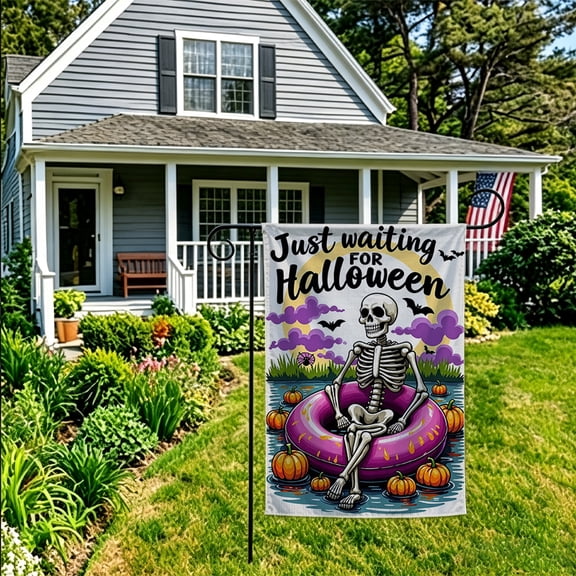 JYK Garden Flag Just Waiting For Halloween Skeleton Floating On Ring Pattern Outdoor Yard Lawn Patio Decor Halloween Holiday Decor 12X18 Inch